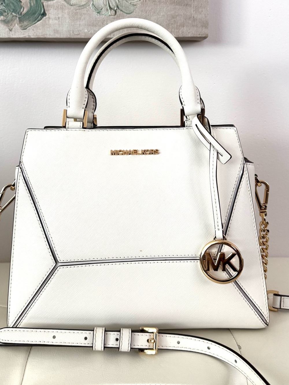 Michael Kors White Saffiano Leather Top-Handle Satchel with Gold Hardware